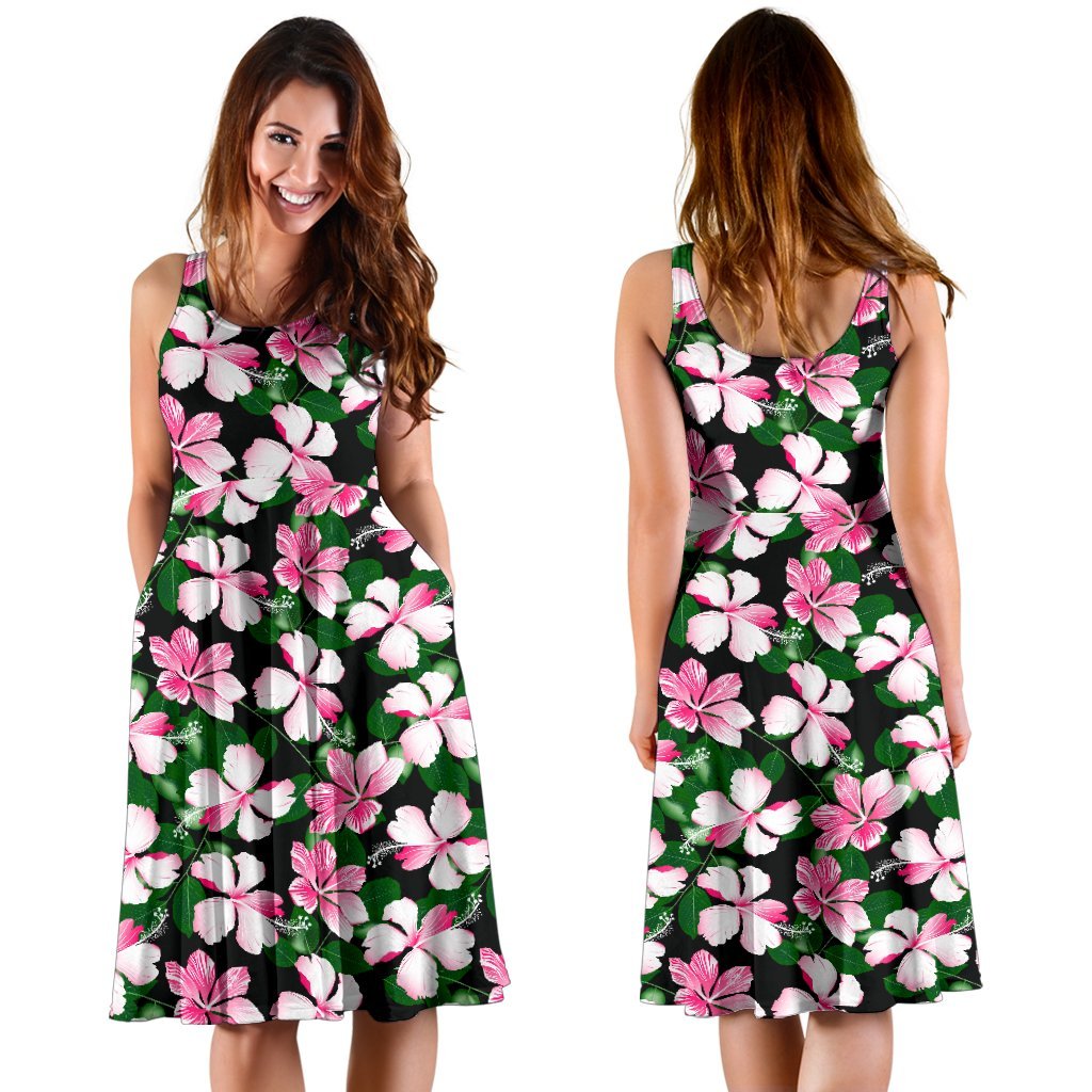 Hibiscus Pink Flower Hawaiian Print Sleeveless Dress
