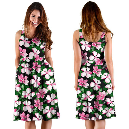 Hibiscus Pink Flower Hawaiian Print Sleeveless Dress
