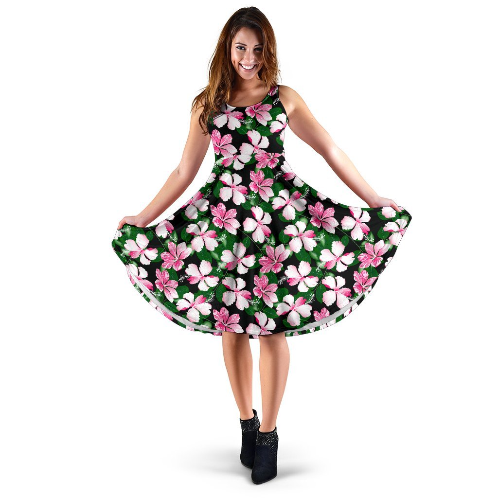 Hibiscus Pink Flower Hawaiian Print Sleeveless Dress
