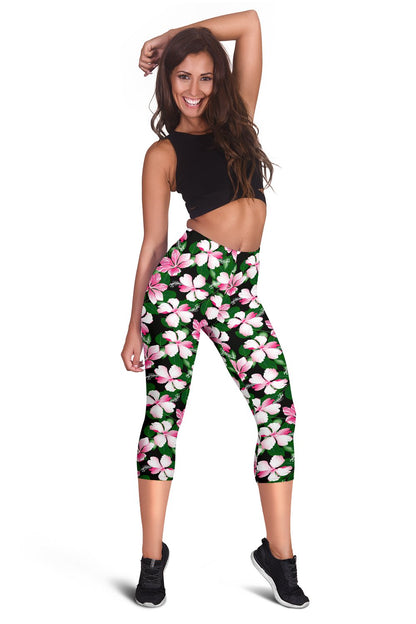 Hibiscus Pink Flower Hawaiian Print Women Capris