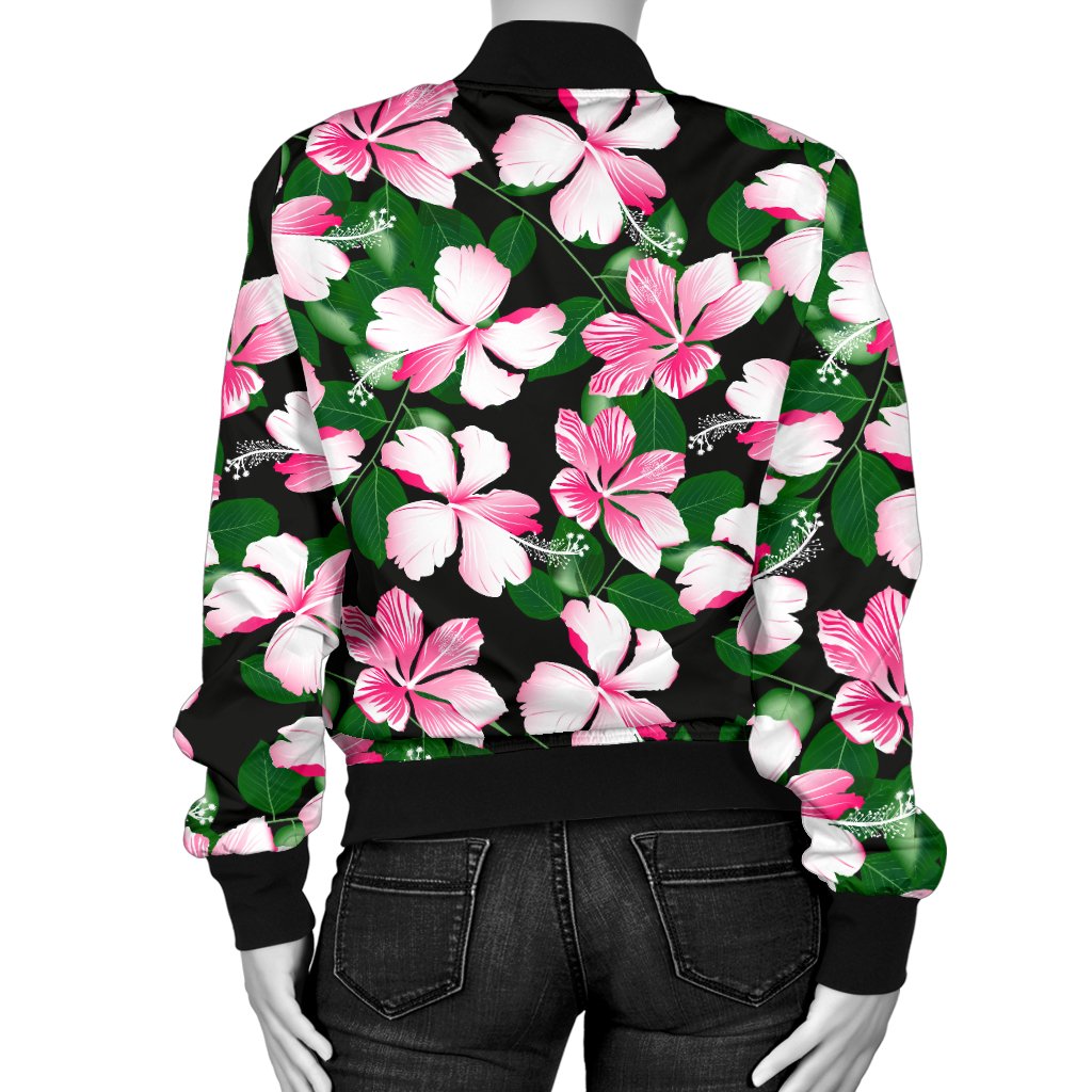 Hibiscus Pink Flower Hawaiian Print Women Casual Bomber Jacket