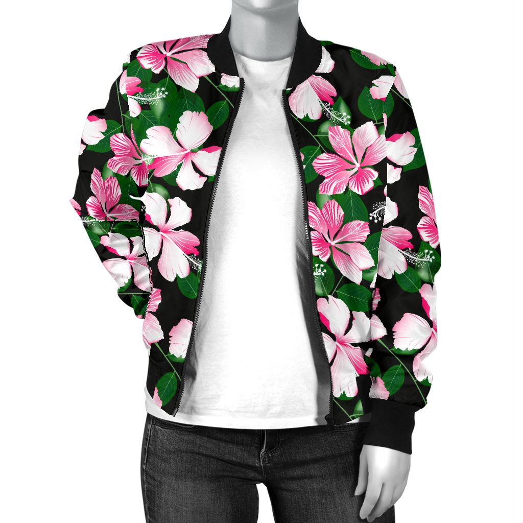 Hibiscus Pink Flower Hawaiian Print Women Casual Bomber Jacket