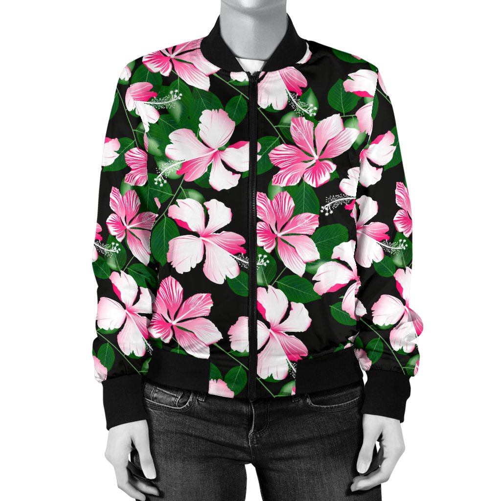 Hibiscus Pink Flower Hawaiian Print Women Casual Bomber Jacket