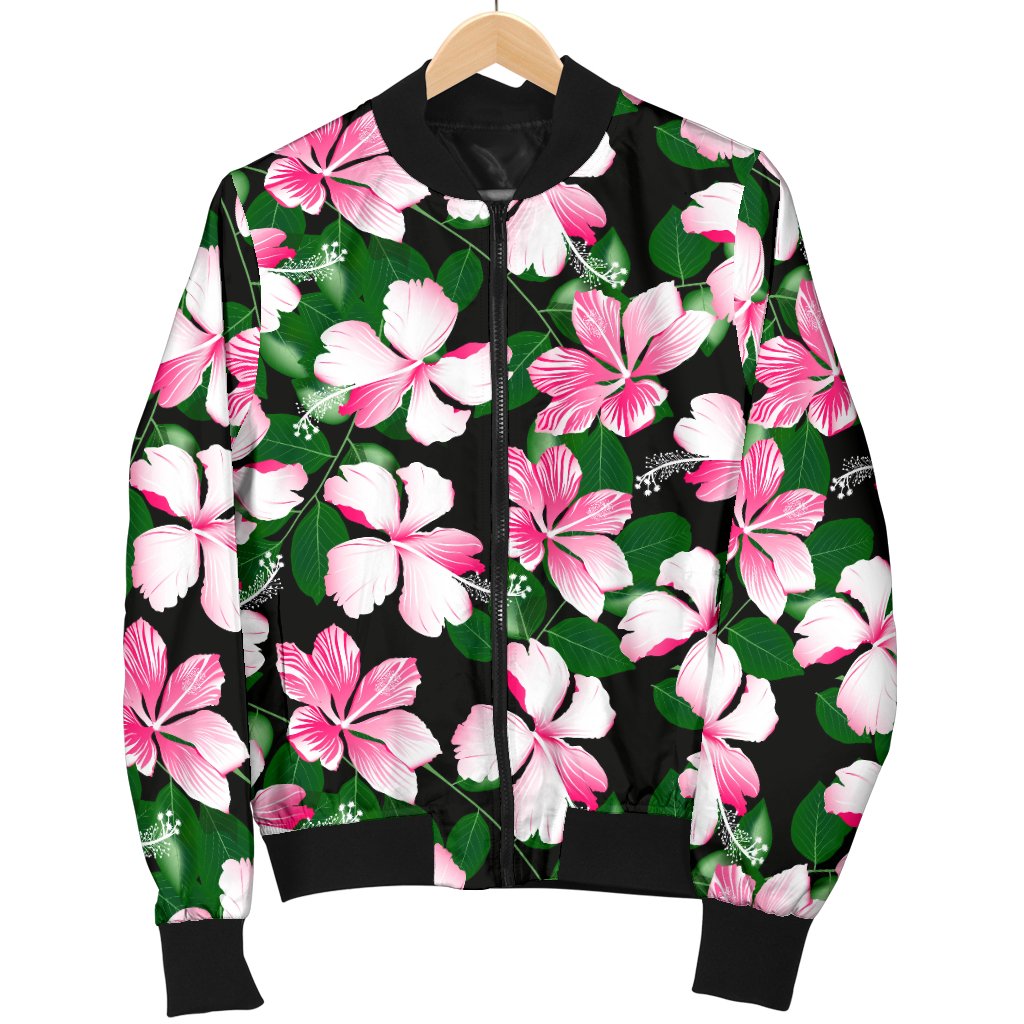 Hibiscus Pink Flower Hawaiian Print Women Casual Bomber Jacket
