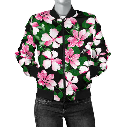 Hibiscus Pink Flower Hawaiian Print Women Casual Bomber Jacket