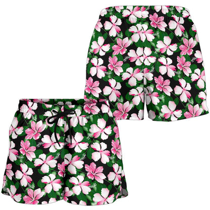 Hibiscus Pink Flower Hawaiian Print Women Shorts-JTAMIGO.COM