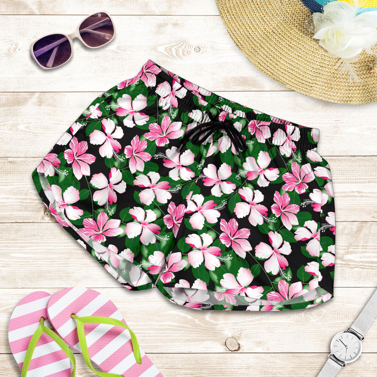 Hibiscus Pink Flower Hawaiian Print Women Shorts-JTAMIGO.COM