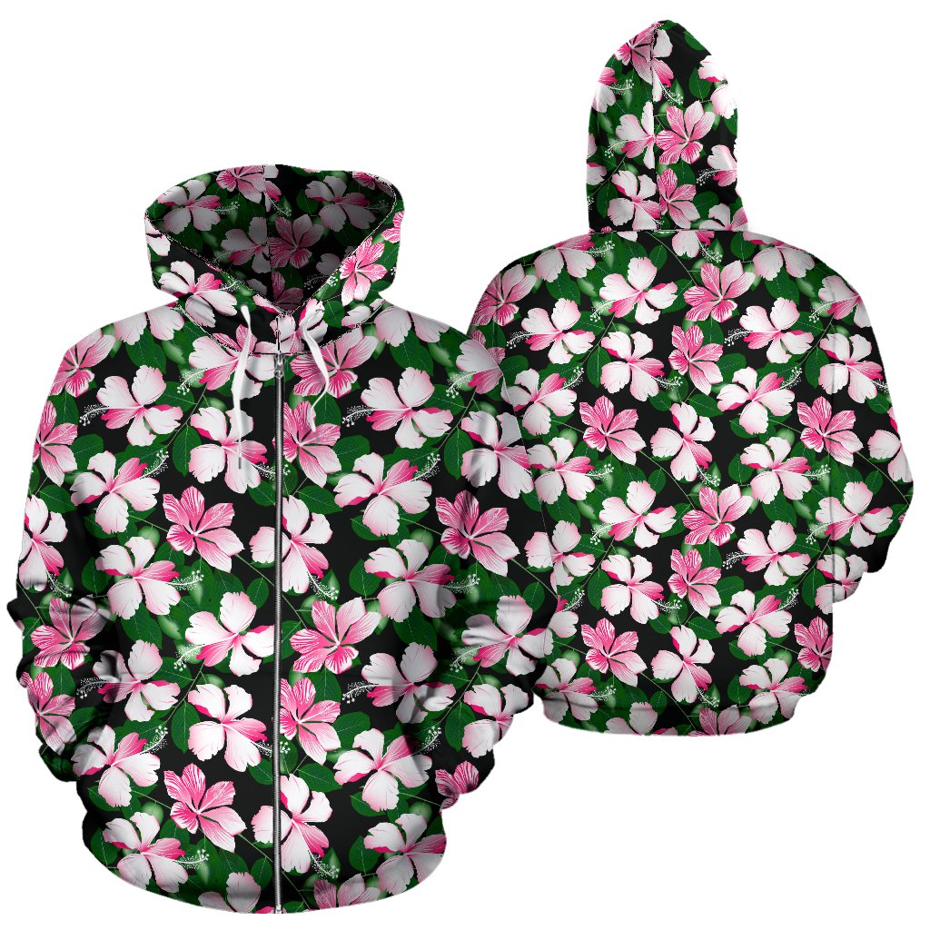 Hibiscus Pink Flower Hawaiian Print Zip Up Hoodie