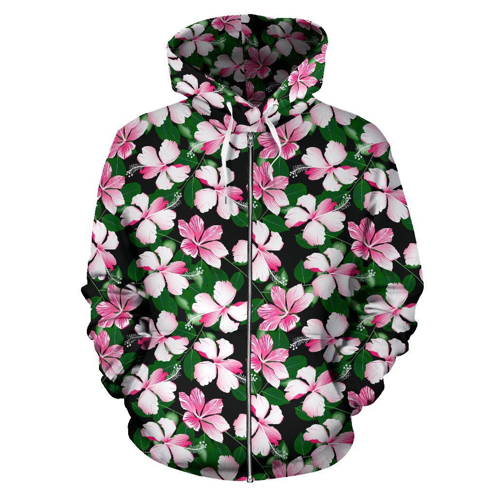 Hibiscus Pink Flower Hawaiian Print Zip Up Hoodie