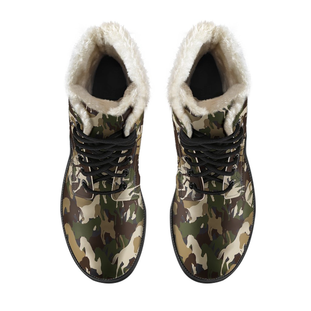 Horse Camo Themed Design Print Faux Fur Leather Boots-JTAMIGO.COM