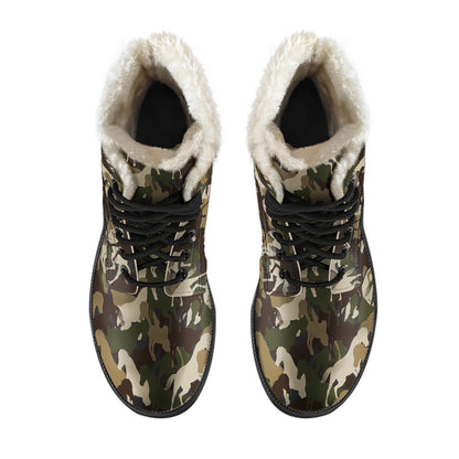 Horse Camo Themed Design Print Faux Fur Leather Boots-JTAMIGO.COM