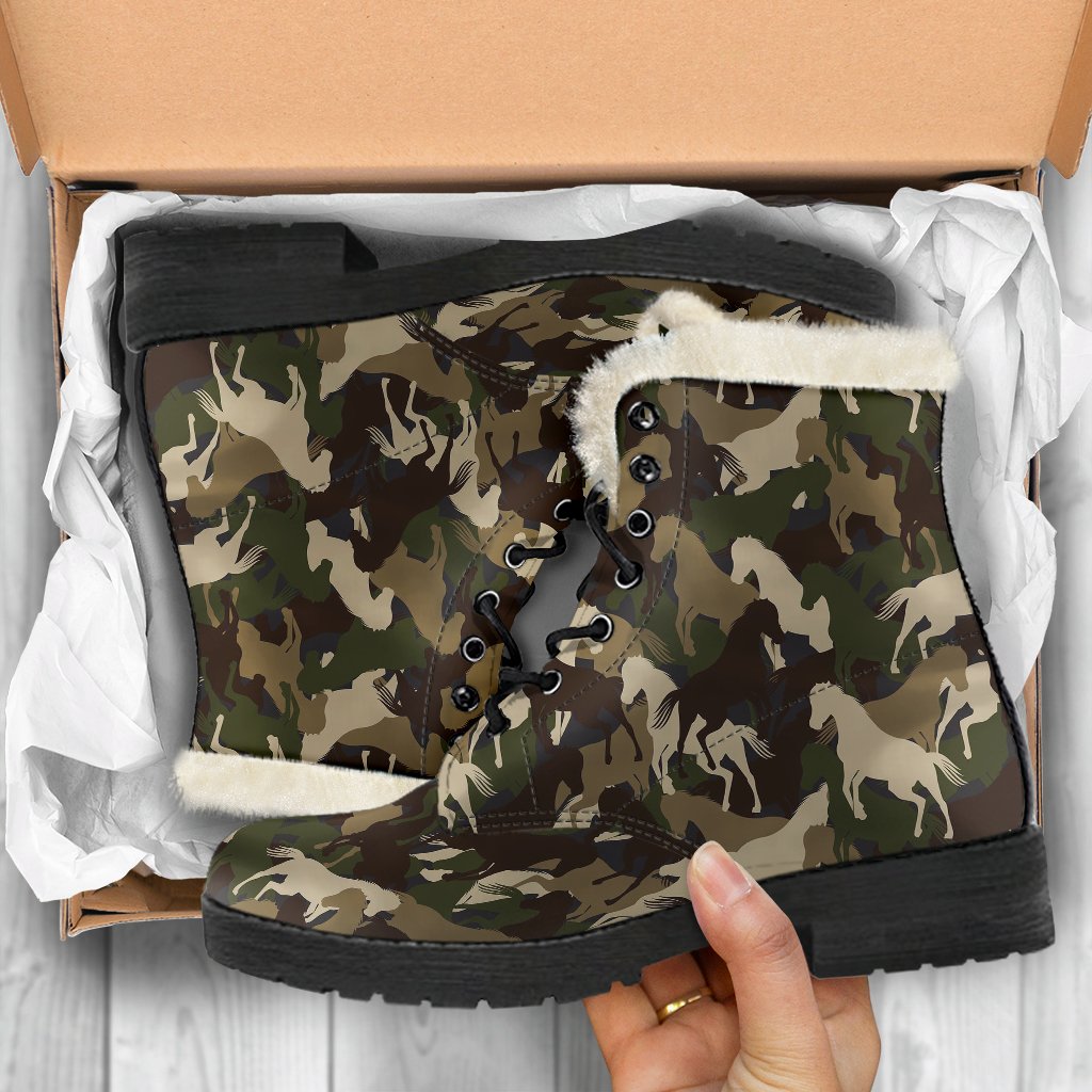Horse Camo Themed Design Print Faux Fur Leather Boots-JTAMIGO.COM