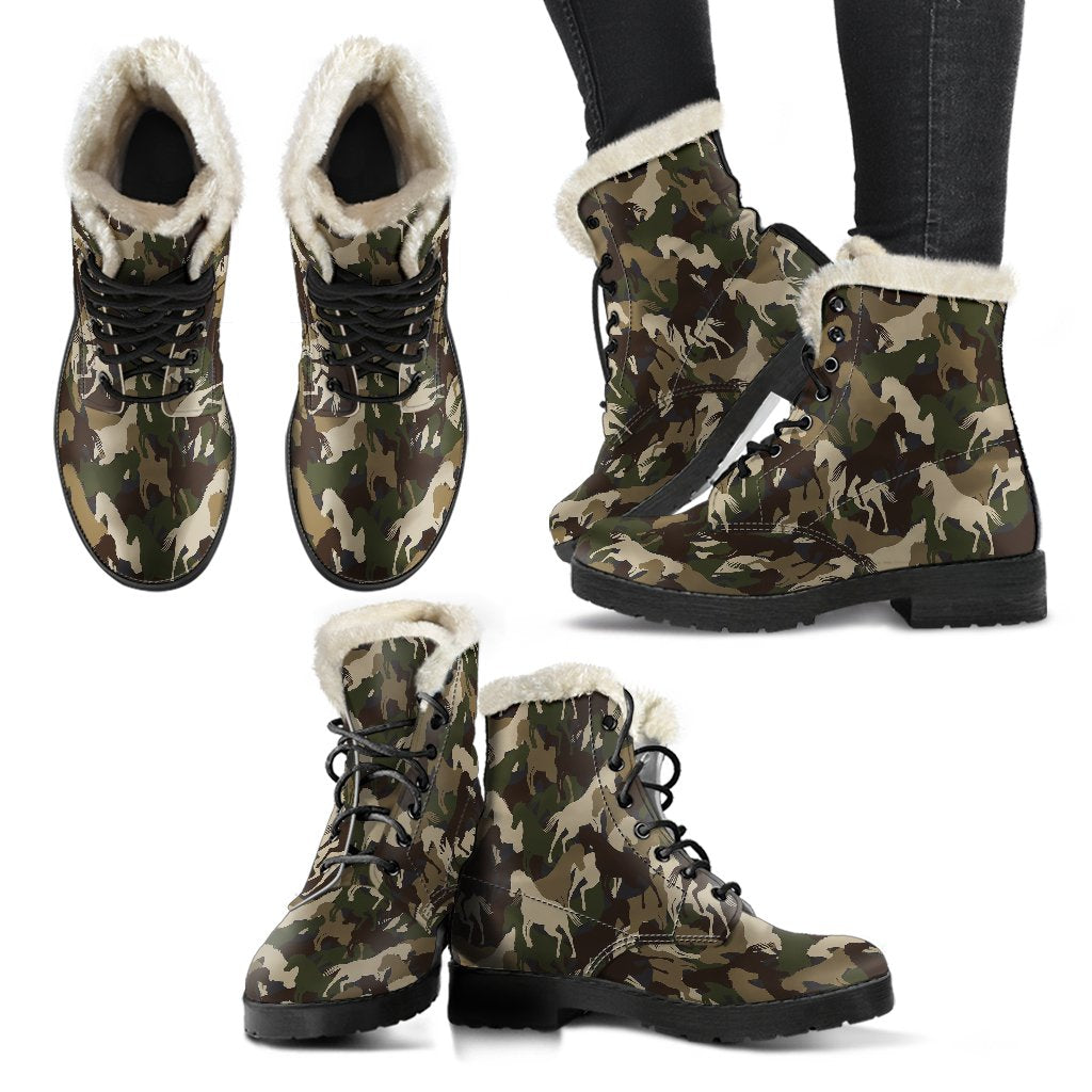 Horse Camo Themed Design Print Faux Fur Leather Boots-JTAMIGO.COM