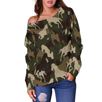 Horse Camo Themed Design Print Off Shoulder Sweatshirt