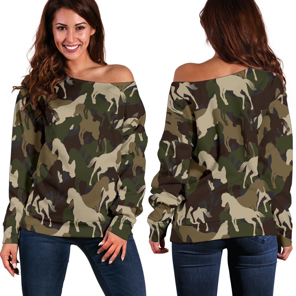 Horse Camo Themed Design Print Off Shoulder Sweatshirt