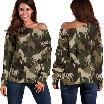 Horse Camo Themed Design Print Off Shoulder Sweatshirt