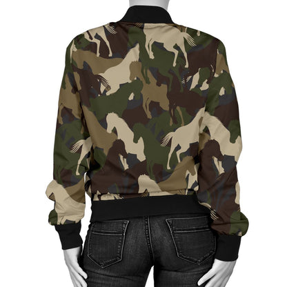 Horse Camo Themed Design Print Women Casual Bomber Jacket