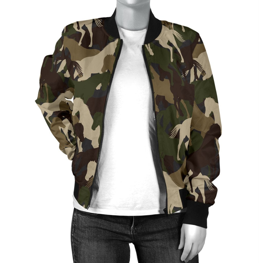 Horse Camo Themed Design Print Women Casual Bomber Jacket