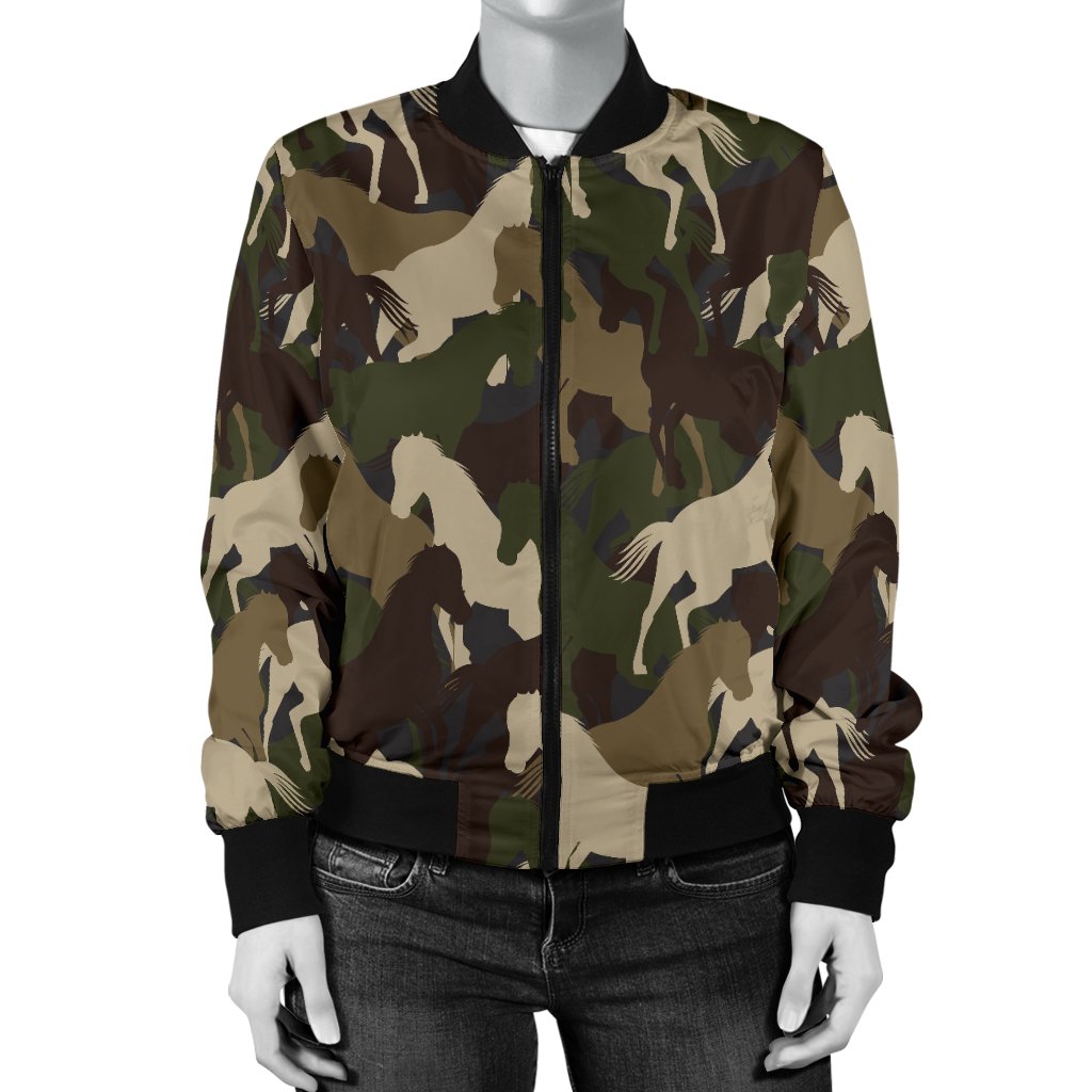 Horse Camo Themed Design Print Women Casual Bomber Jacket