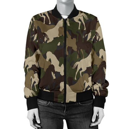 Horse Camo Themed Design Print Women Casual Bomber Jacket
