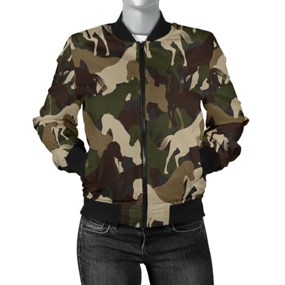 Horse Camo Themed Design Print Women Casual Bomber Jacket