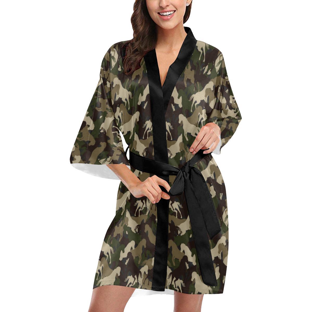 Horse Camo Themed Design Print Women Short Kimono Robe