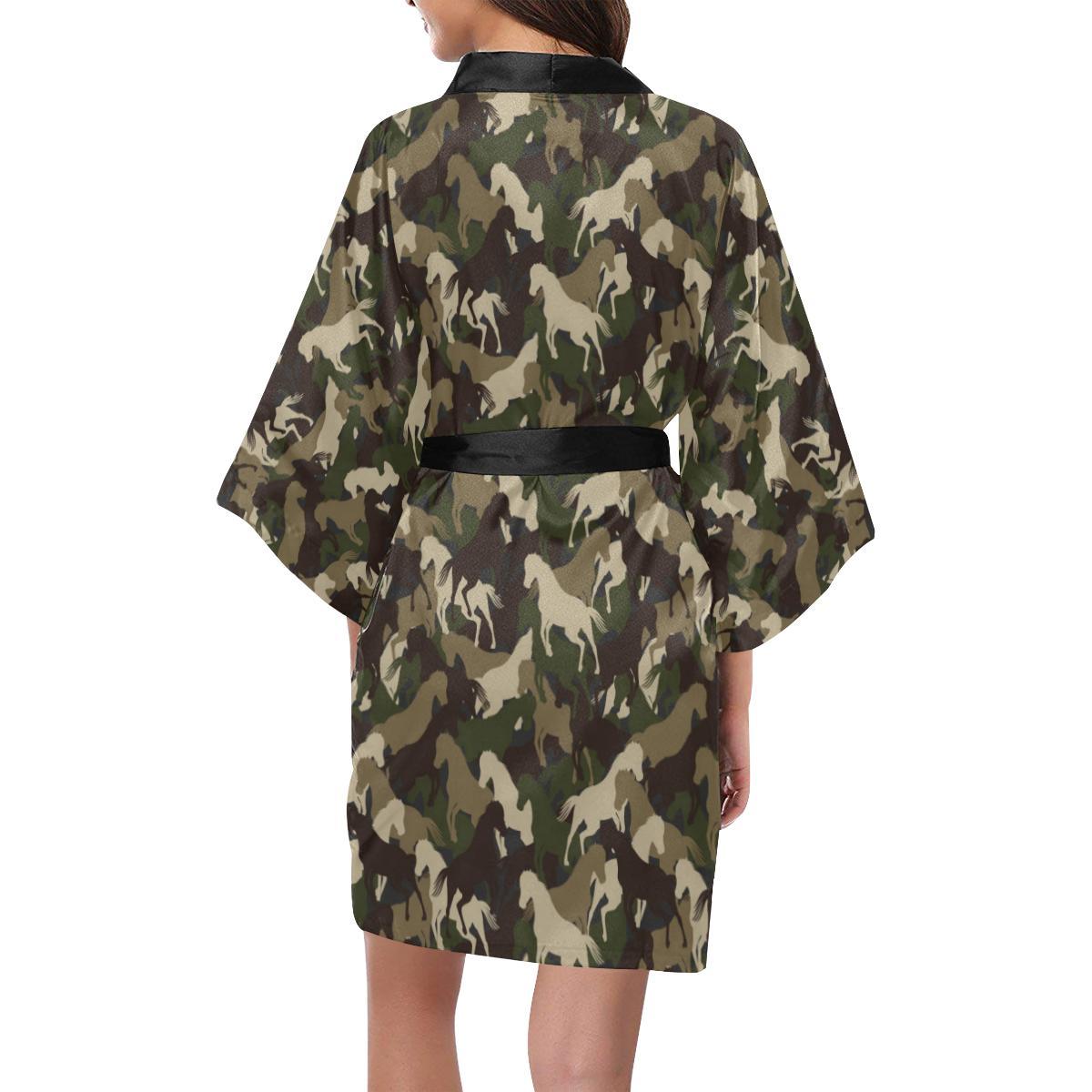Horse Camo Themed Design Print Women Short Kimono Robe