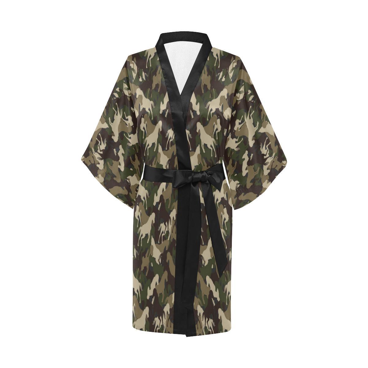 Horse Camo Themed Design Print Women Short Kimono Robe