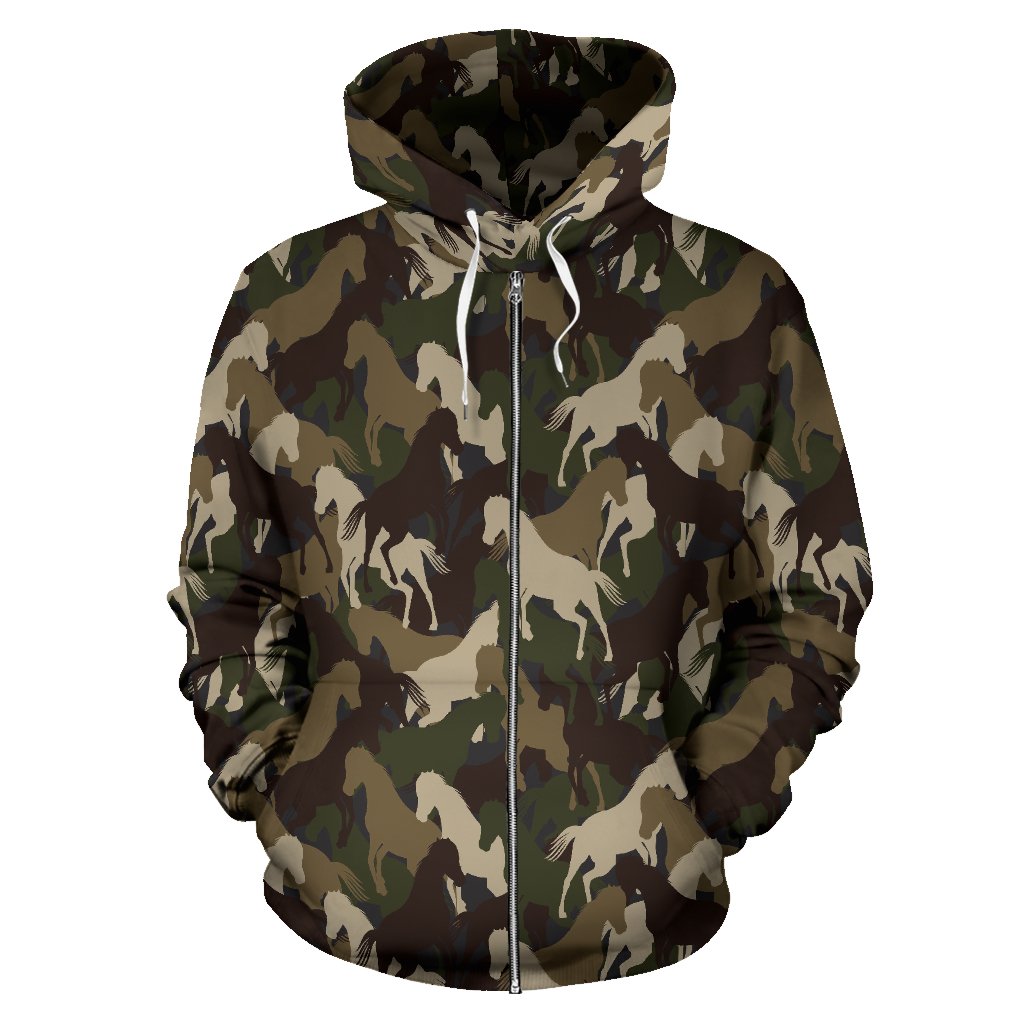 Horse Camo Themed Design Print Zip Up Hoodie