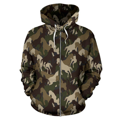 Horse Camo Themed Design Print Zip Up Hoodie
