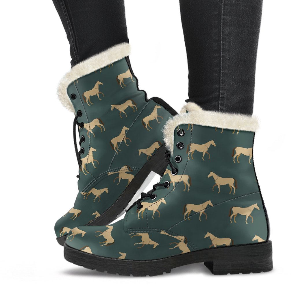 Horse Classic Themed Pattern Print Faux Fur Leather Boots-JTAMIGO.COM