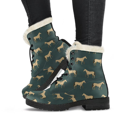 Horse Classic Themed Pattern Print Faux Fur Leather Boots-JTAMIGO.COM