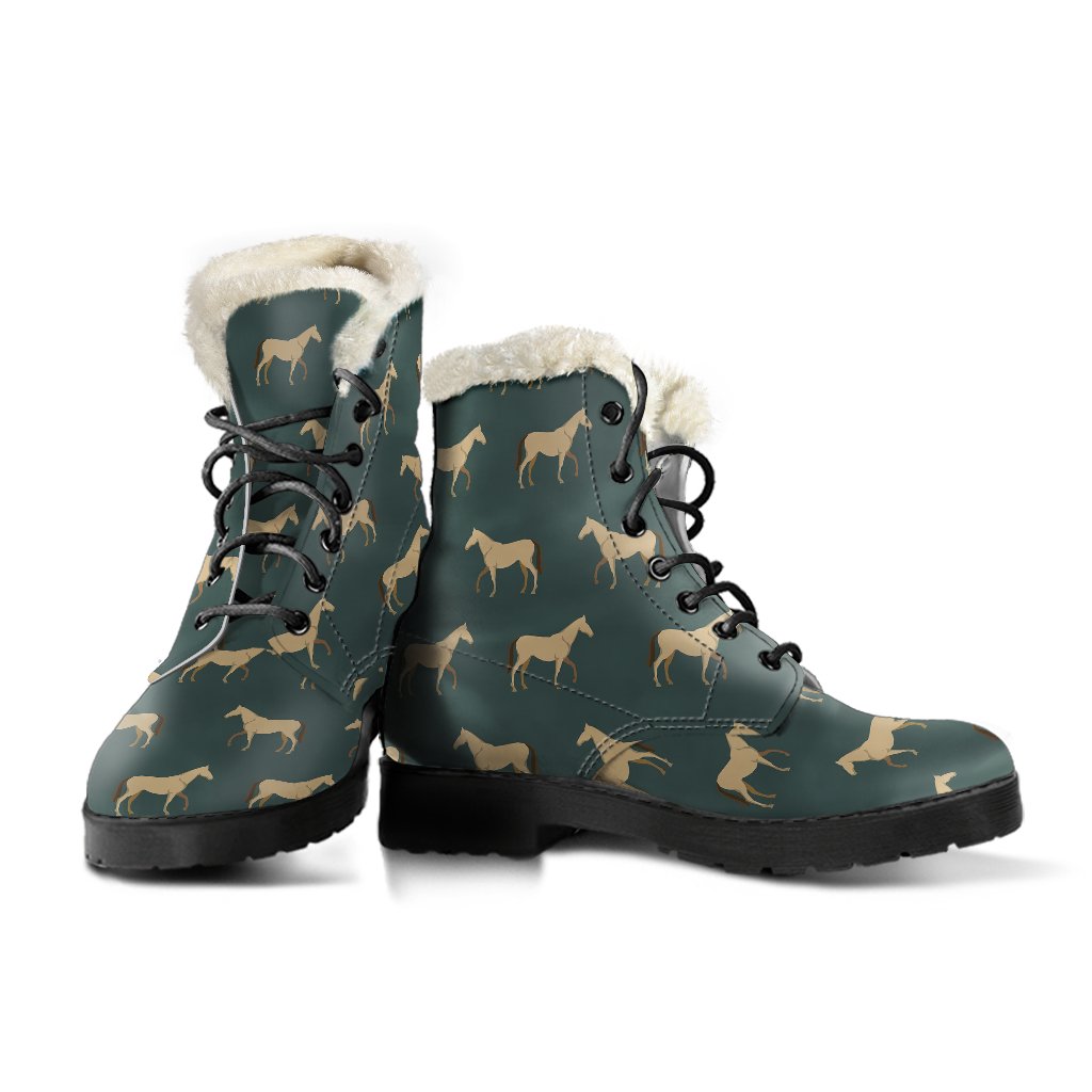 Horse Classic Themed Pattern Print Faux Fur Leather Boots-JTAMIGO.COM