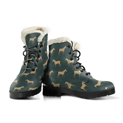 Horse Classic Themed Pattern Print Faux Fur Leather Boots-JTAMIGO.COM