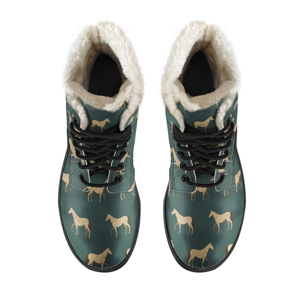 Horse Classic Themed Pattern Print Faux Fur Leather Boots-JTAMIGO.COM