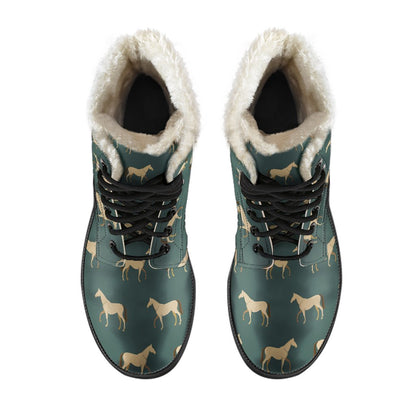 Horse Classic Themed Pattern Print Faux Fur Leather Boots-JTAMIGO.COM