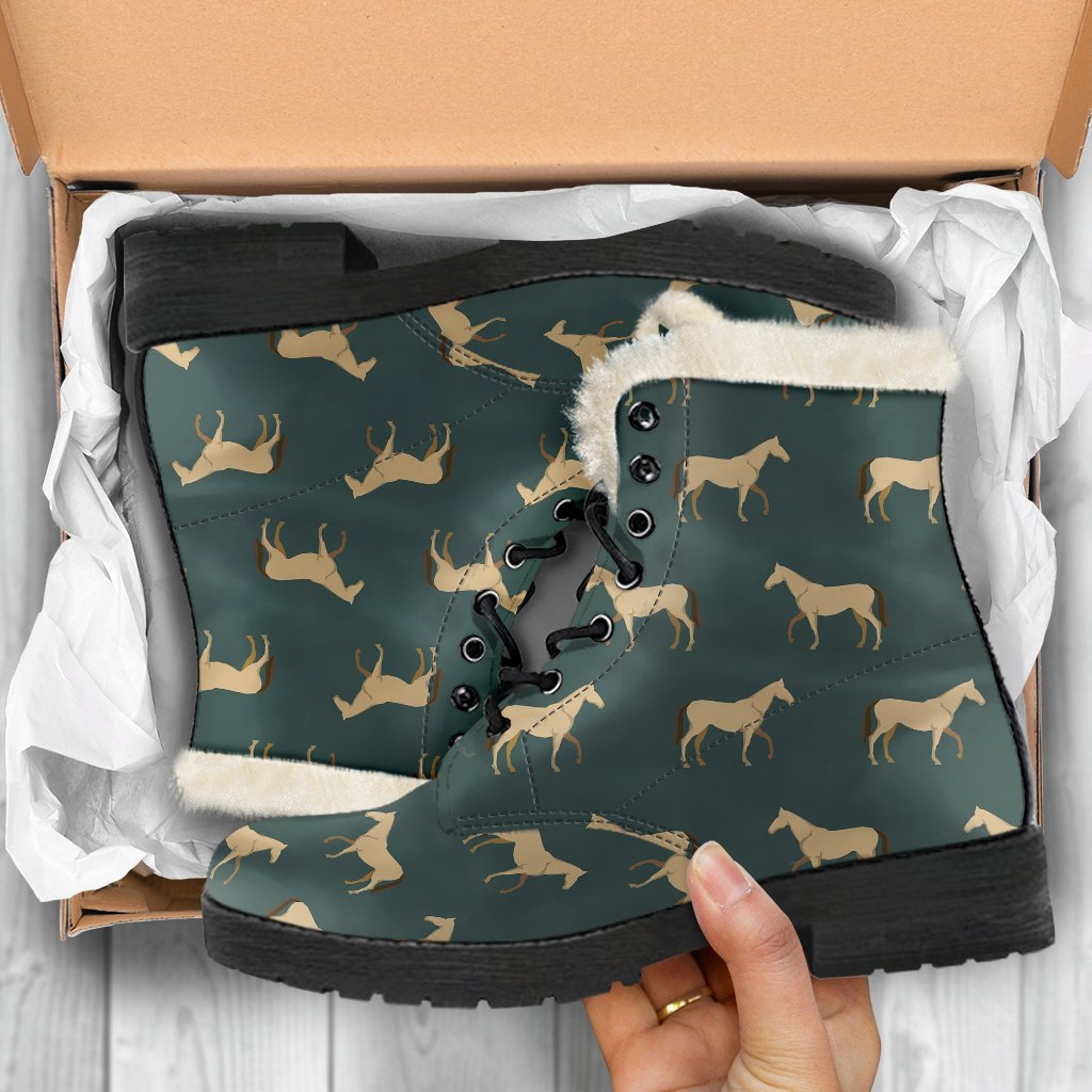 Horse Classic Themed Pattern Print Faux Fur Leather Boots-JTAMIGO.COM