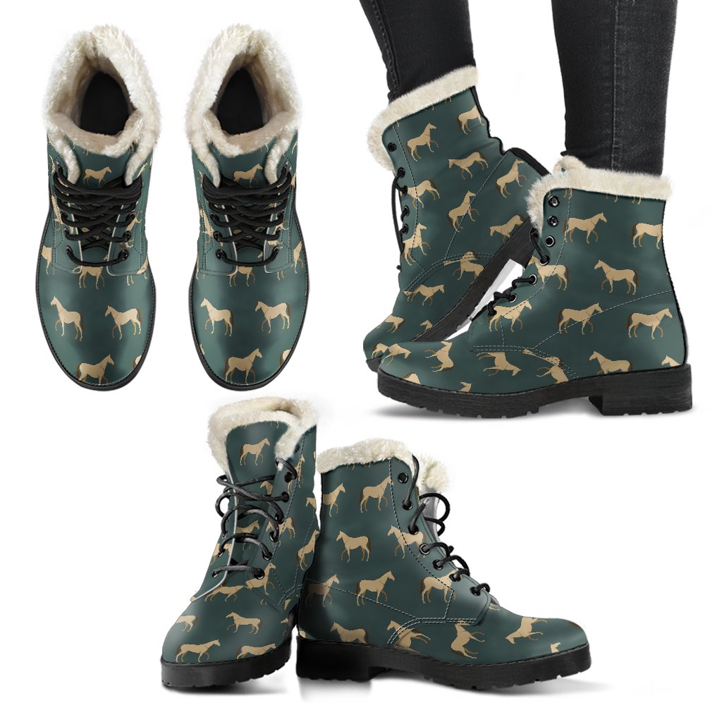 Horse Classic Themed Pattern Print Faux Fur Leather Boots-JTAMIGO.COM