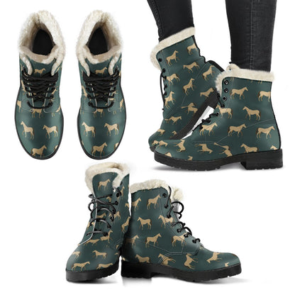 Horse Classic Themed Pattern Print Faux Fur Leather Boots-JTAMIGO.COM