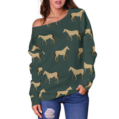Horse Classic Themed Pattern Print Off Shoulder Sweatshirt