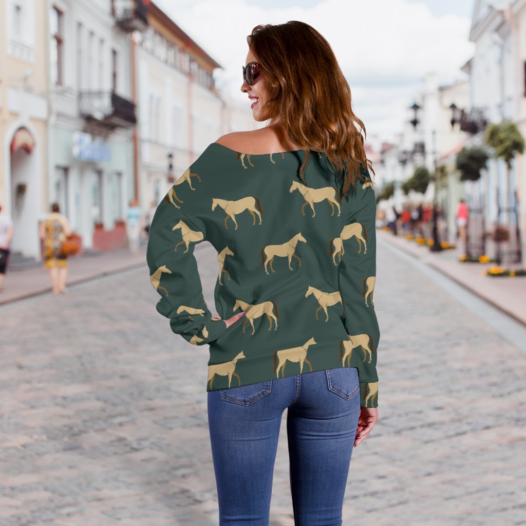 Horse Classic Themed Pattern Print Off Shoulder Sweatshirt
