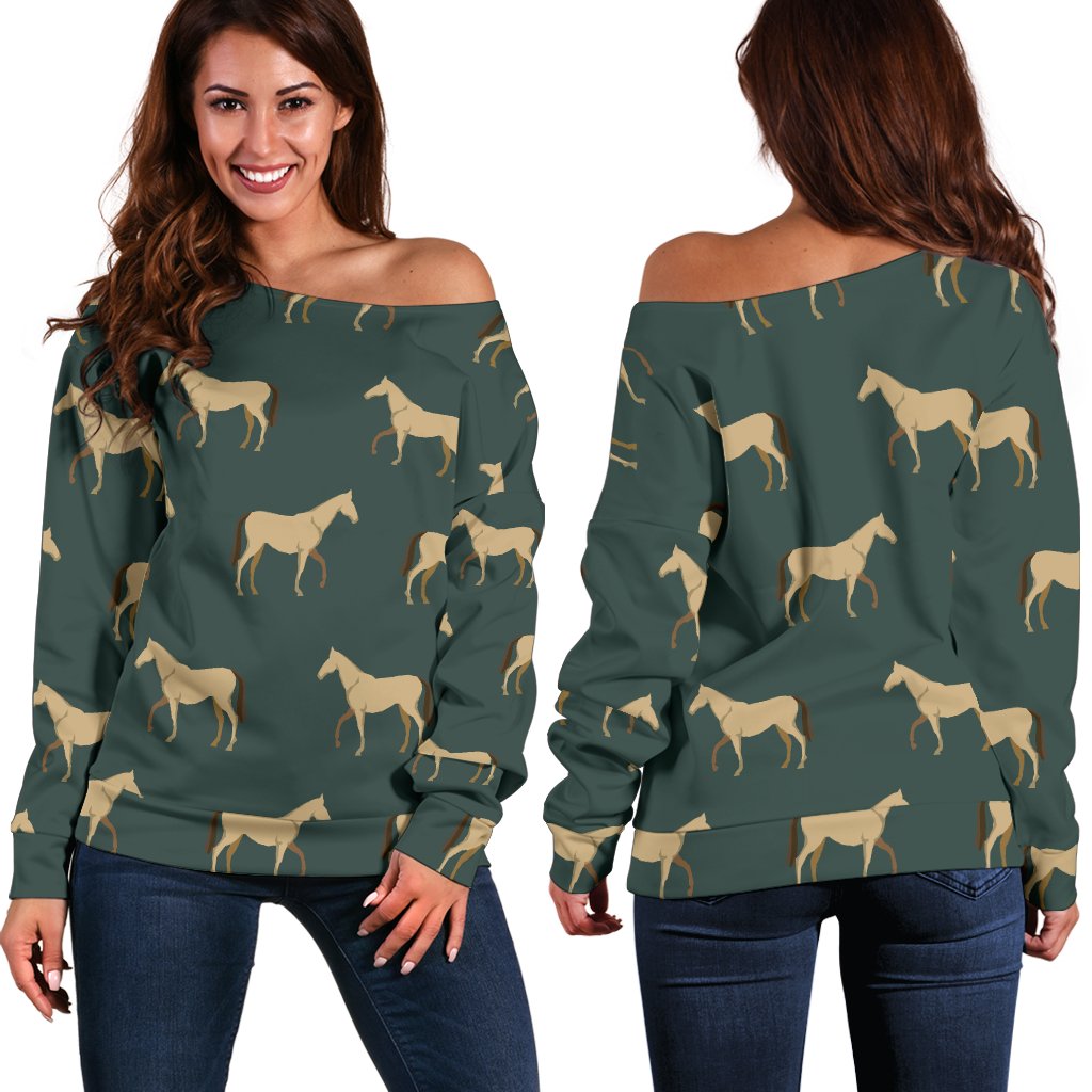 Horse Classic Themed Pattern Print Off Shoulder Sweatshirt