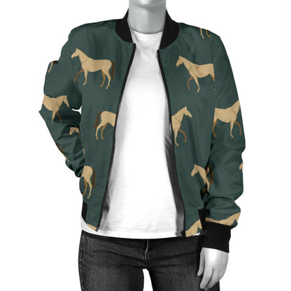 Horse Classic Themed Pattern Print Women Casual Bomber Jacket