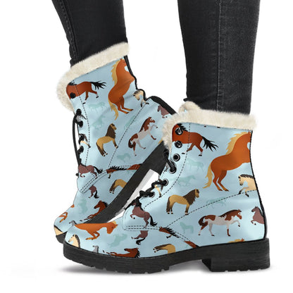 Horse Cute Themed Pattern Print Faux Fur Leather Boots-JTAMIGO.COM