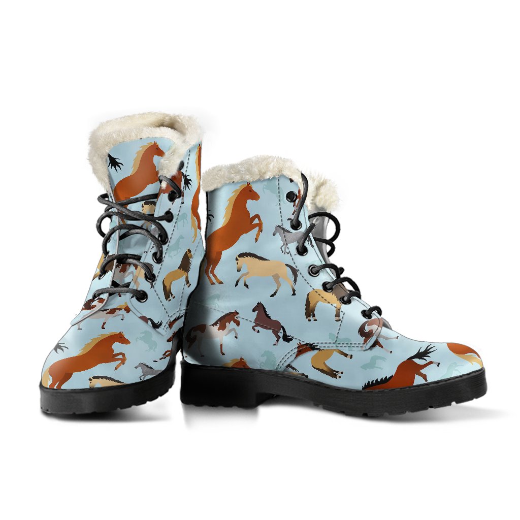 Horse Cute Themed Pattern Print Faux Fur Leather Boots-JTAMIGO.COM