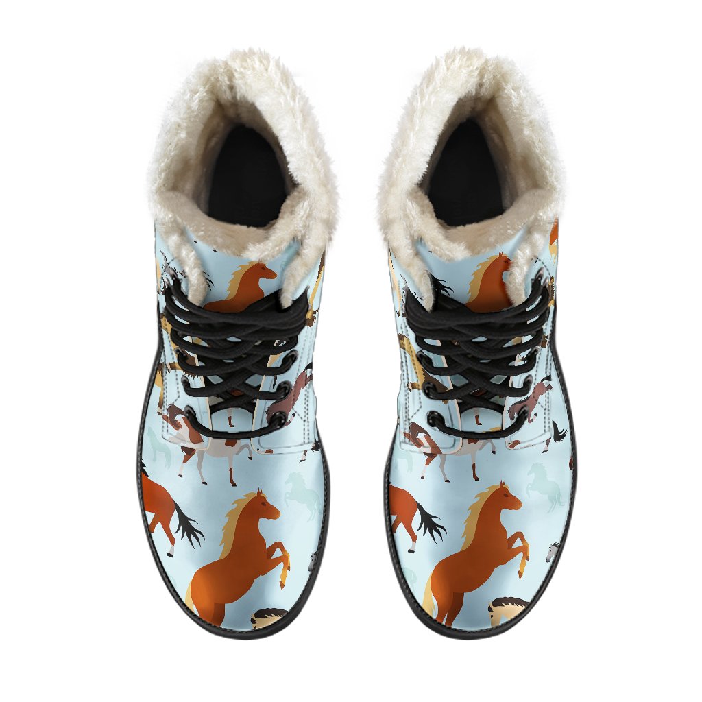 Horse Cute Themed Pattern Print Faux Fur Leather Boots-JTAMIGO.COM