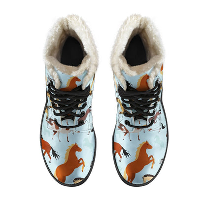 Horse Cute Themed Pattern Print Faux Fur Leather Boots-JTAMIGO.COM