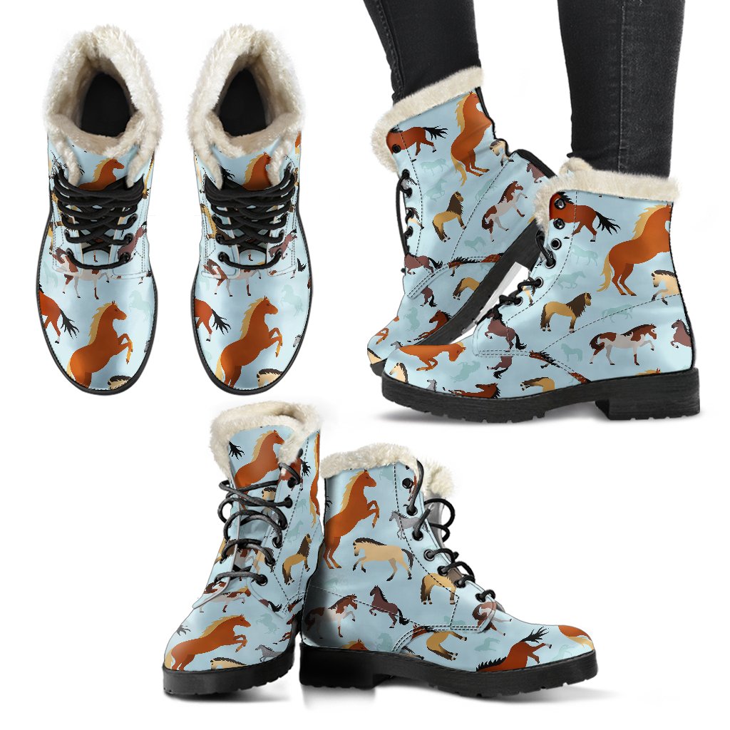 Horse Cute Themed Pattern Print Faux Fur Leather Boots-JTAMIGO.COM
