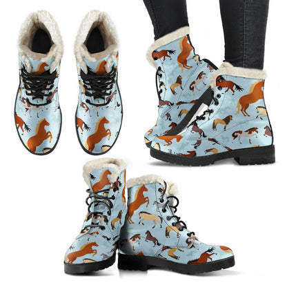 Horse Cute Themed Pattern Print Faux Fur Leather Boots-JTAMIGO.COM