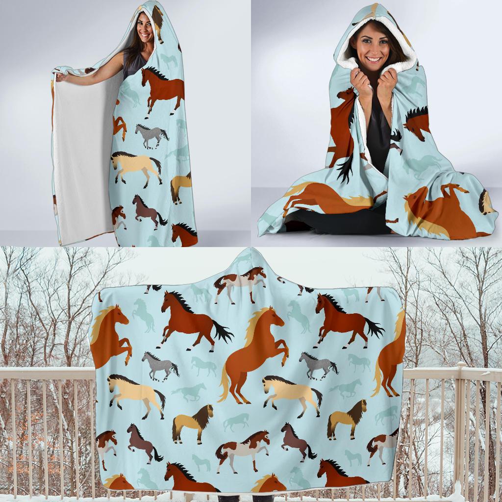 Horse Cute Themed Pattern Print Hooded Blanket-JTAMIGO.COM